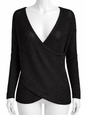 Design Lab Lord & Taylor Black V-Neck Wrap Open Knit Sweater